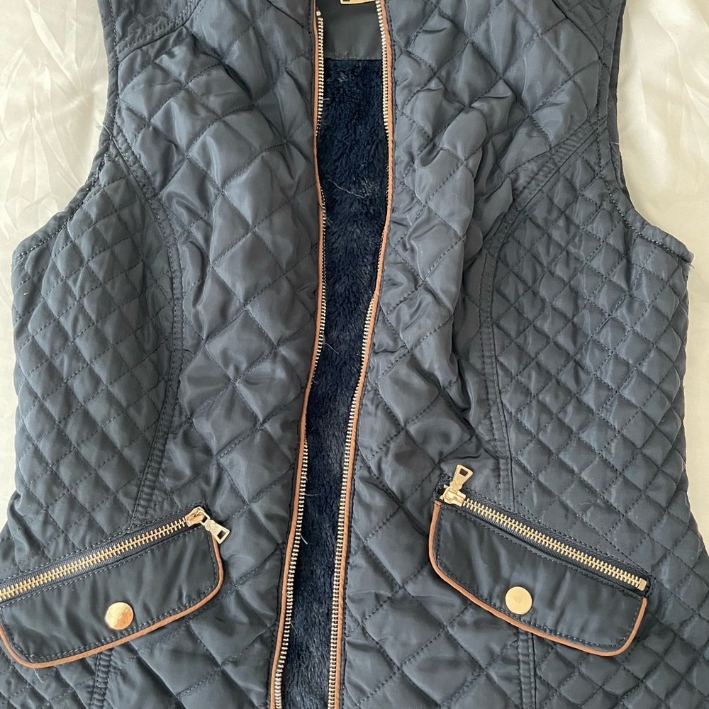 Small Navy Puffer Vest - brown leather seam! So cute over a white long sleeve!
